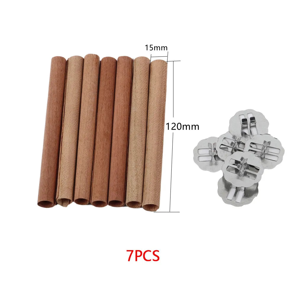 7pcs Cylindrical Wooden Candle Wicks Set Round Tube Wood Candle Cores With Base For DIY Candle Making Craft Soy Parffin Wax Wick