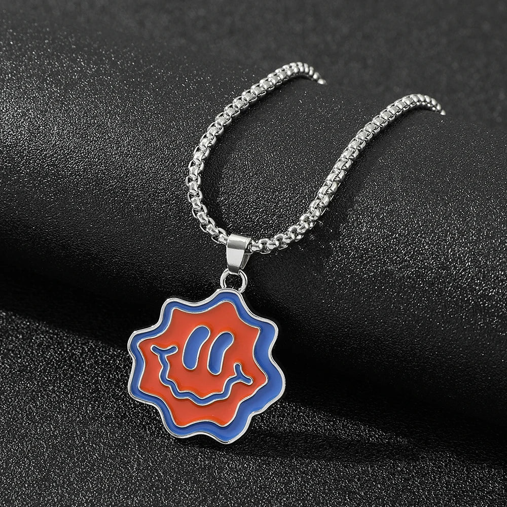 Titanium Steel Round Smiley Face Pendant Necklace Korean Style Long Sweater Chain Unisex Trendy Hip Hop Jewelry Accessories