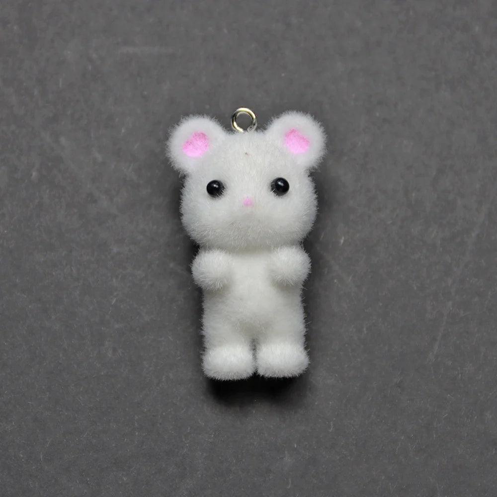 10pcs 3D Fluffy Flocking Animal Pendant Charms Kawaii Plush Cat Rabbit Rat Bear DIY Jewelry Crafts Make Keychain Miniature Doll
