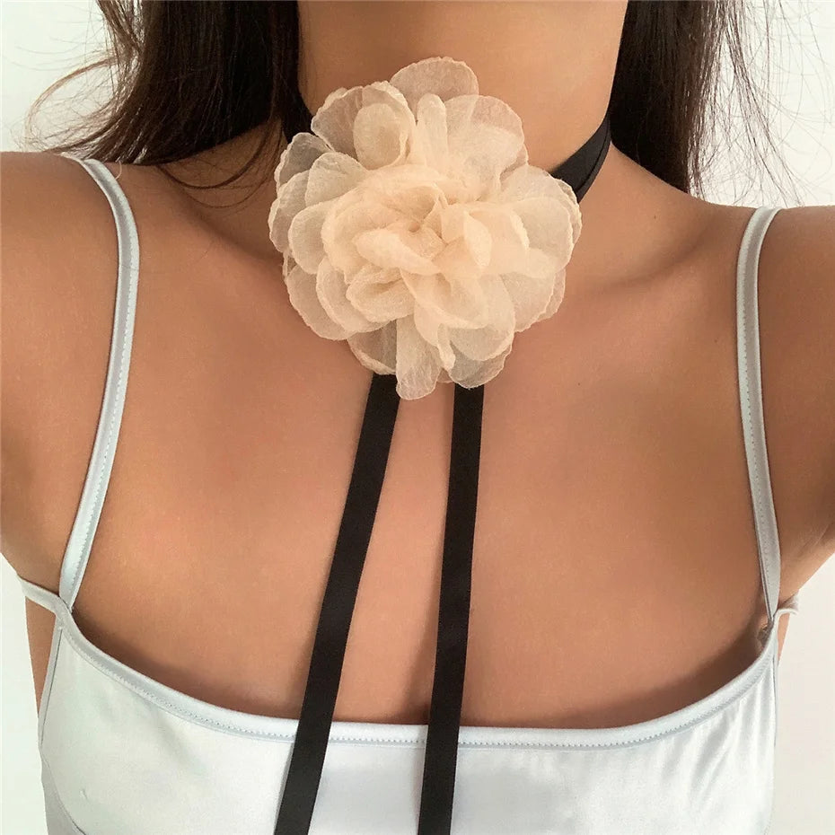 Ingemark Exaggerated Big Rose Flower Choker Necklace for Women Wed Bridal Goth Kpop Adjustable Bowknot Chain Y2K Accessories New