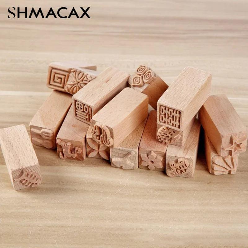 Hand Carved Wooden Stamps Wood Seal for Printing DIY Clay Pottery Printing Blocks Clay Tool Fish Bone / Squirrel / Flower / Deer