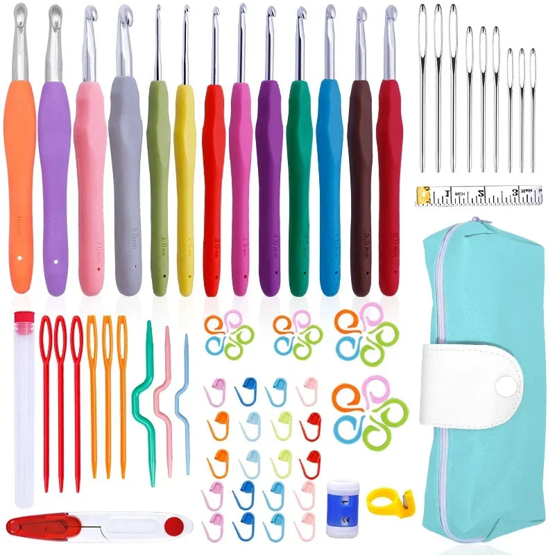 Knit Crochet Hook Kit Knitting Needles Set With Bag,Steel Large Eye Blunt Needle,Markers,DIY Hand Sewing Accessories