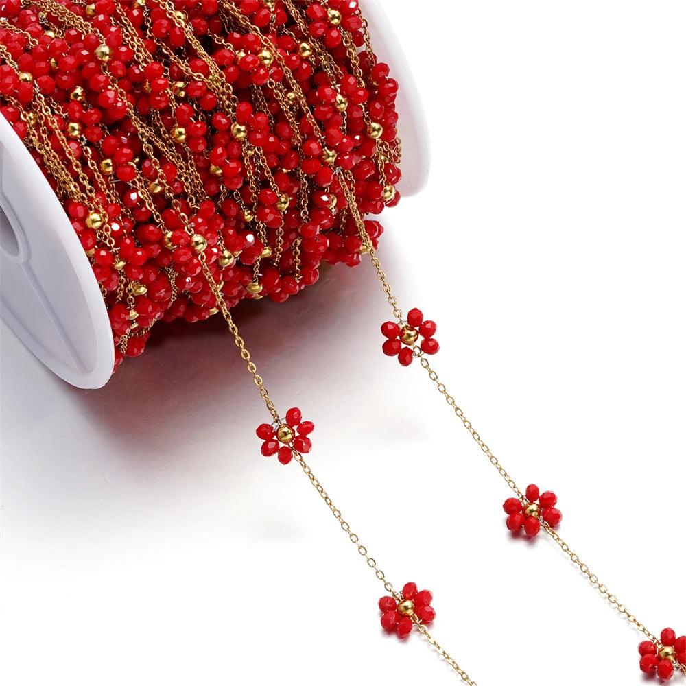 1Meter Stainless Steel Pink Crystal Flower Natural Stone Beads Gold/Steel Color Chains for Necklace Bracelet DIY Jewelry Making