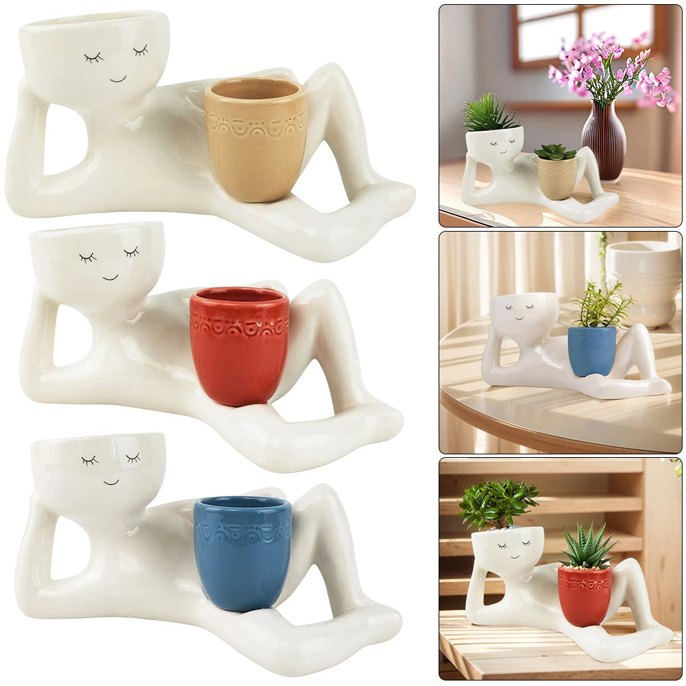 Relaxing Person Holding Pot Planter with Drainage Hole Kinky Planter Ornament Funny Succulent Pot for Succulents Cactus