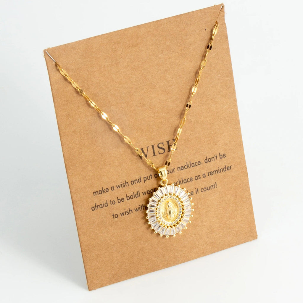 Oval round plaque inlaid with zircon religious pendant for women's party stainless steel Virgin Mary jewelry gift necklace
