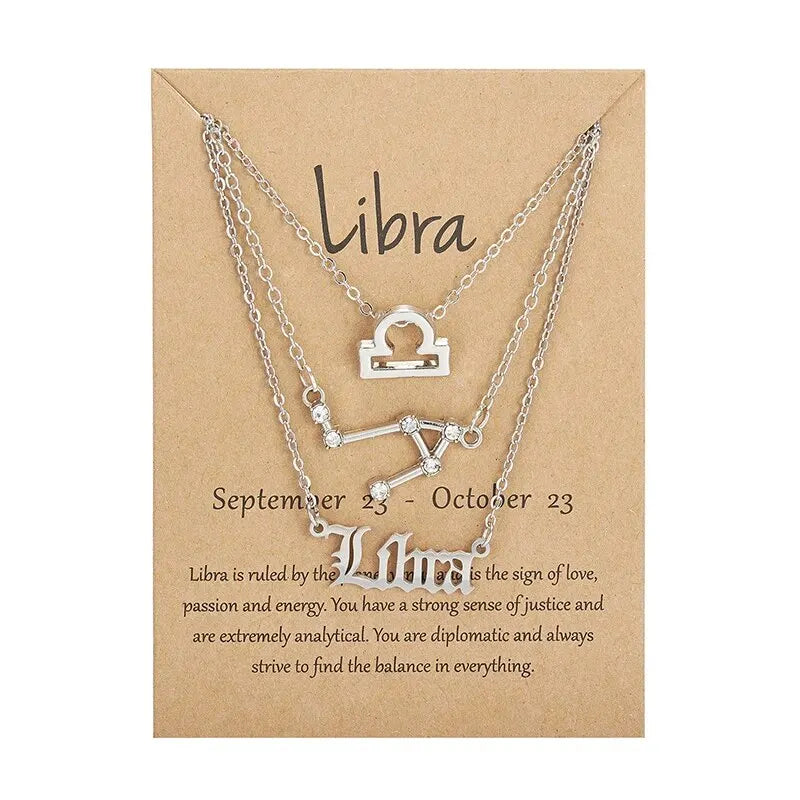3Pcs 12 Zodiac Sign Necklace Set For Women Constellation Pendant Gold Silver Color Chain Female Birthday Jewelry With Cardboard
