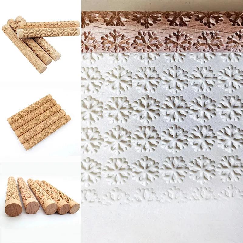 1pc Solid Wood Pottery Art Clay Roller Embossed Rod Diy Fondant Paste Rolling Stick Reliefs Modeling Ripple Pattern Clay Tools
