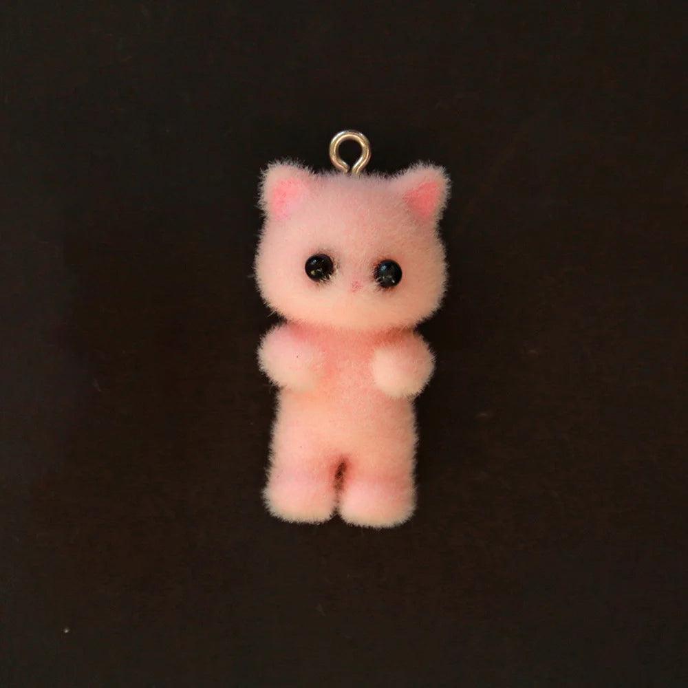 10pcs 3D Fluffy Flocking Animal Pendant Charms Kawaii Plush Cat Rabbit Rat Bear DIY Jewelry Crafts Make Keychain Miniature Doll