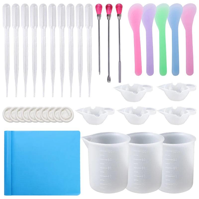 Easy Clean Silicone Resin Measuring Cups Tool Kit with Stir Sticks Pipettes Spatula Finger Cots for Epoxy Resin Mixing Supplies