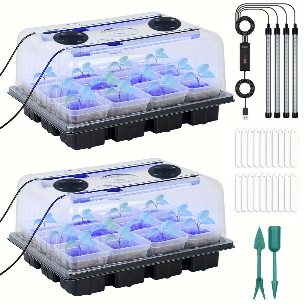 Seed starter tray with grow light, a set of silicone 24-cell seedling cups, with humidity dome and controller.