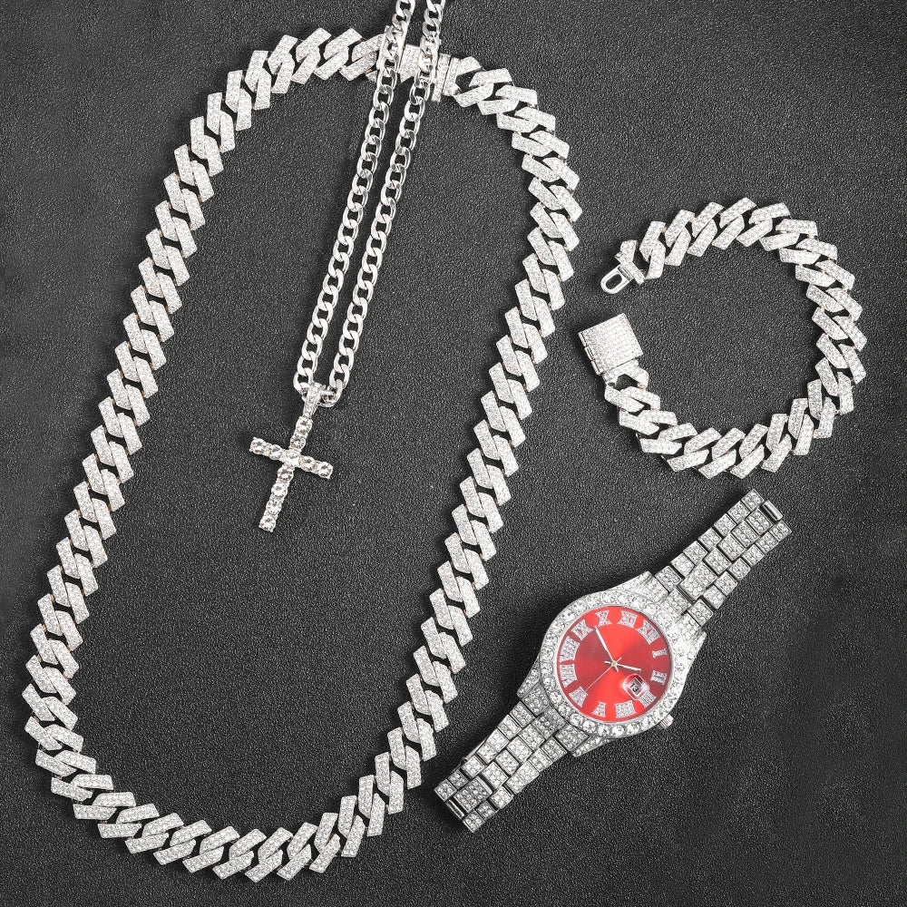 16mm Hip Hop Miami Cuban Link Chain Set Necklace +Watch+Bracelet Creative Iced Out Shiny Trendy Stylish Jewelry For Women Men