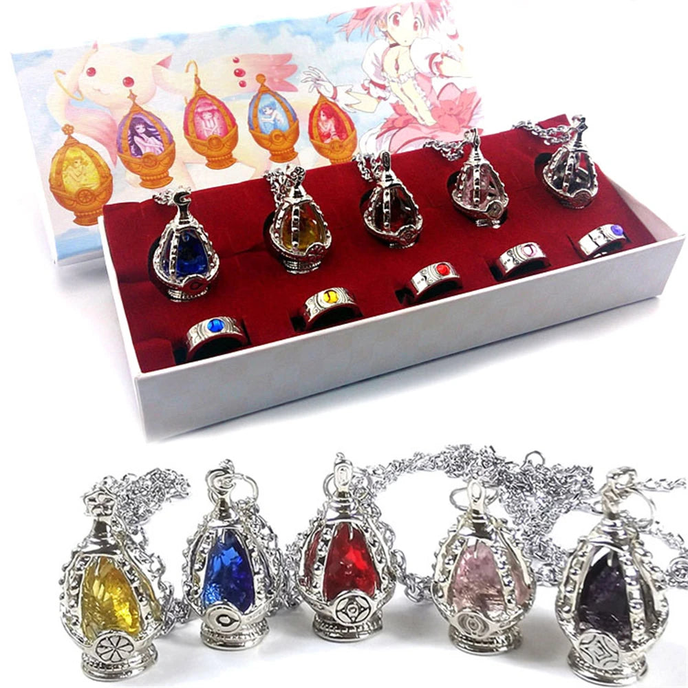 Anime Soul Gem Grief Seed Necklaces Kaname Madoka Incubator Cosplay Rings Set Pendants Accessories Figure