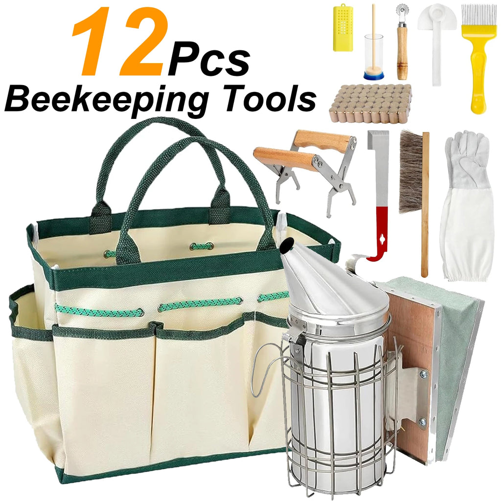 12 PCS BeeKeeping Starter Kit Beekeeping Supplies, Honey Bee Hive Tools Bee Smoker Kit  for Beginners & Professionals