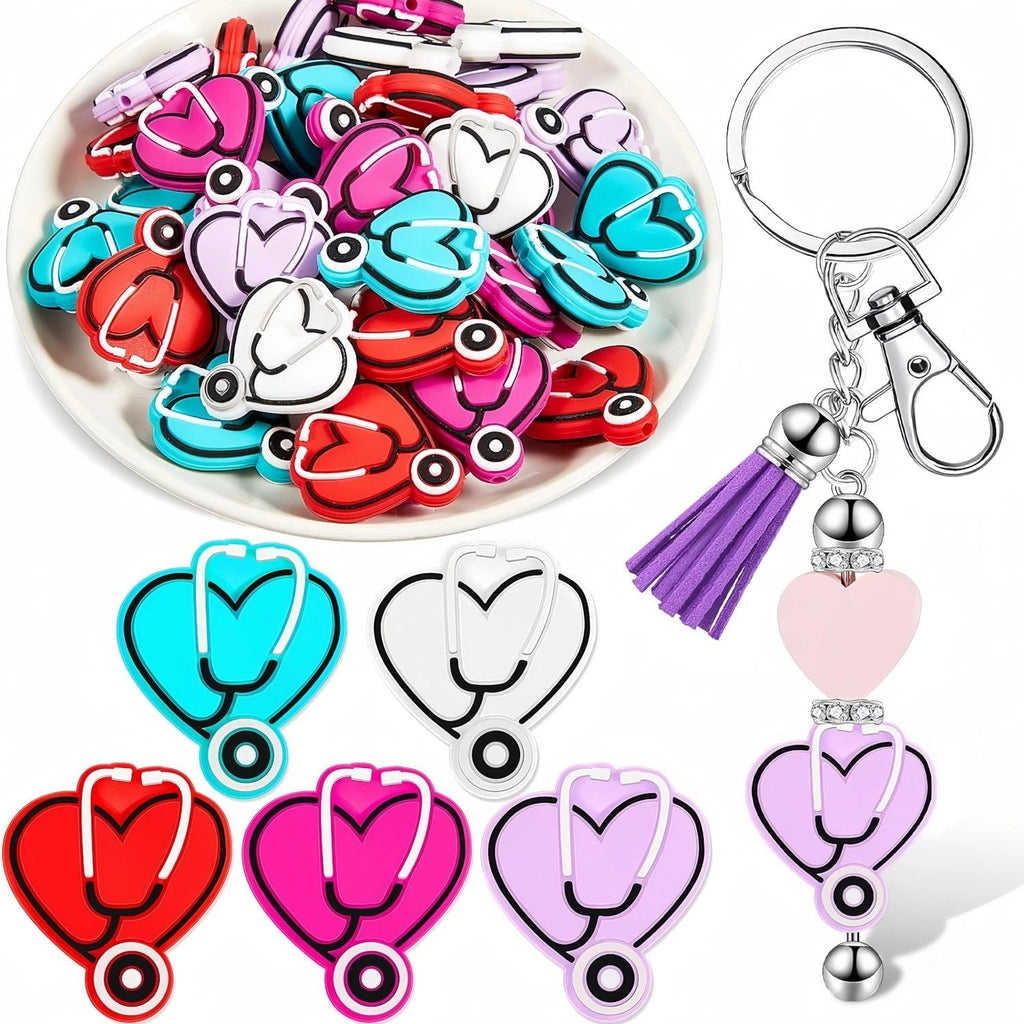 Silicone Beads,5/10/20pcs Heart Stethoscope Silicone Beads,Nurs's Day Doctor Stethoscope Beads Colorful Silicone Beads Character Rubber Beads Silicone Beads DIY Necklace Bangle Keychain Making Pen Making