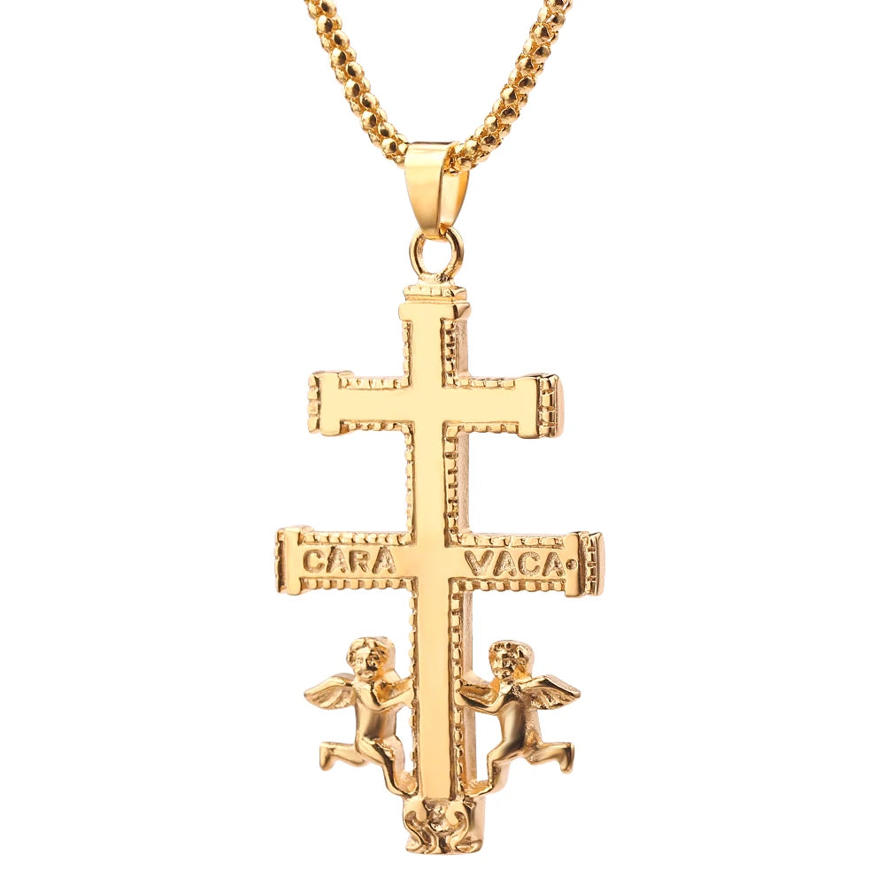 Catholic Caravaca Crucifix Orthodox Russian Cross Necklace Pendant With Cherub Angel Best Christian Necklace Jewelry