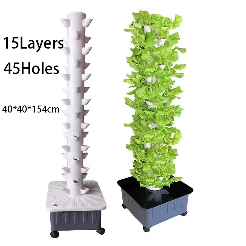 Hot Sell Vertical Hydroponic Grow Tower 15 Layer 45 Holes with Pumb and Movable Bottom Buckets