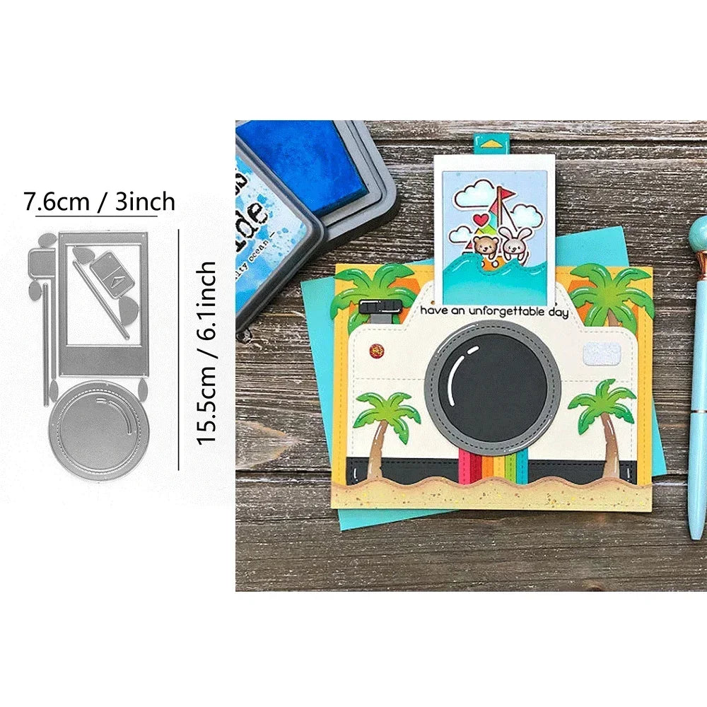 Magic Iris Camera Pull Tab Bundle Clear Stamps and Metal Cutting Dies for DIY Craft Card Making Scrapbooking Decoration