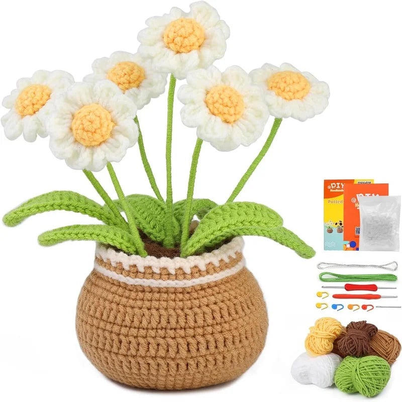 Flower Crochet Kit DIY Craft for Beginners with Instruction Knitting Yarn Thread Hook Needles Easy Knit Accessories Set