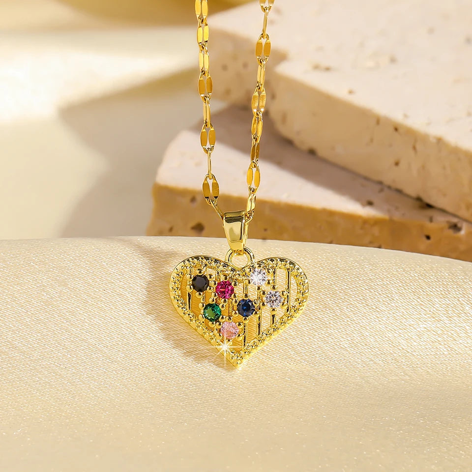 ZAKOL Trendy Heart Butterfly Pendant Necklaces For Women Girls Gold Color Crystal Jewelry Clavicle Chain Choker Jewelry Gifts