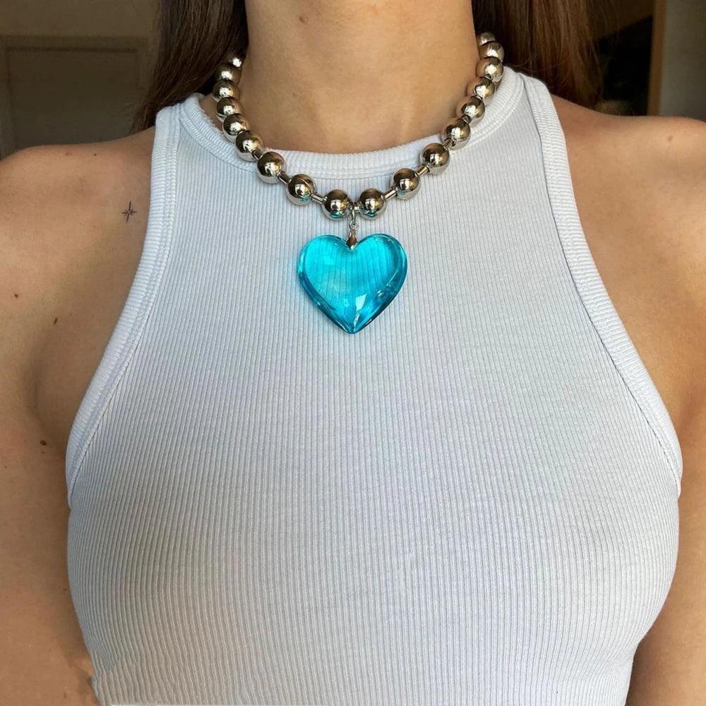 Grunge Fashion Glass Heart Pendant Necklace Y2K Oversize Ball Beads Chain Statement Choker Necklace for Women Club Punk Jewelry