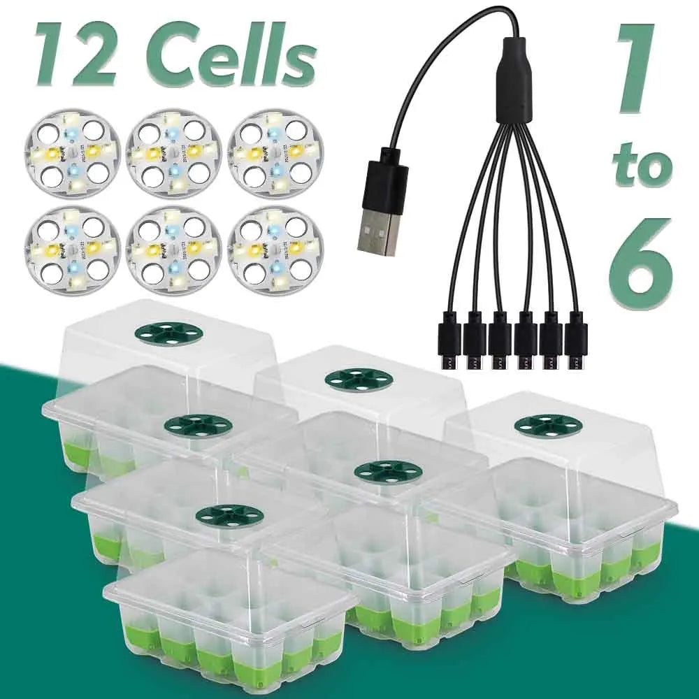 12 Cells LED Grow Light Seedling Starter Tray Kits with Transparent Cover Indoor Garden Flower Pot Plant Nursery Germination Box