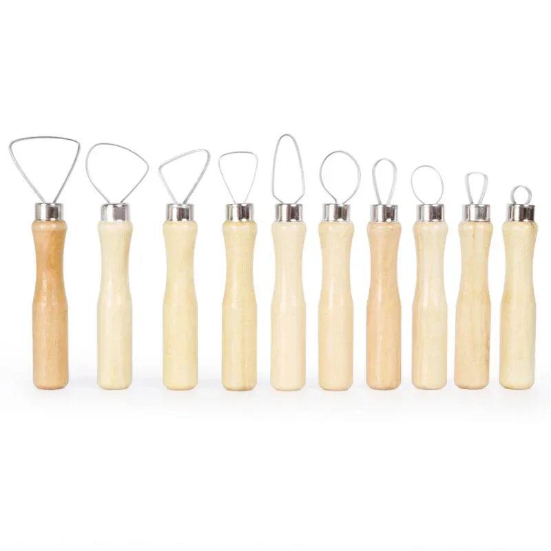 10Pcs Pottery Clay Sculpture Loop Tool Wood Handle Ceramics Sculpting Tools Stainless Steel Clay Pottery Sculpting Flat Wire Kit