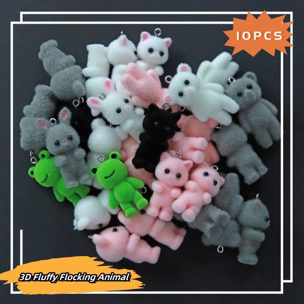 10pcs 3D Fluffy Flocking Animal Pendant Charms Kawaii Plush Cat Rabbit Rat Bear DIY Jewelry Crafts Make Keychain Miniature Doll