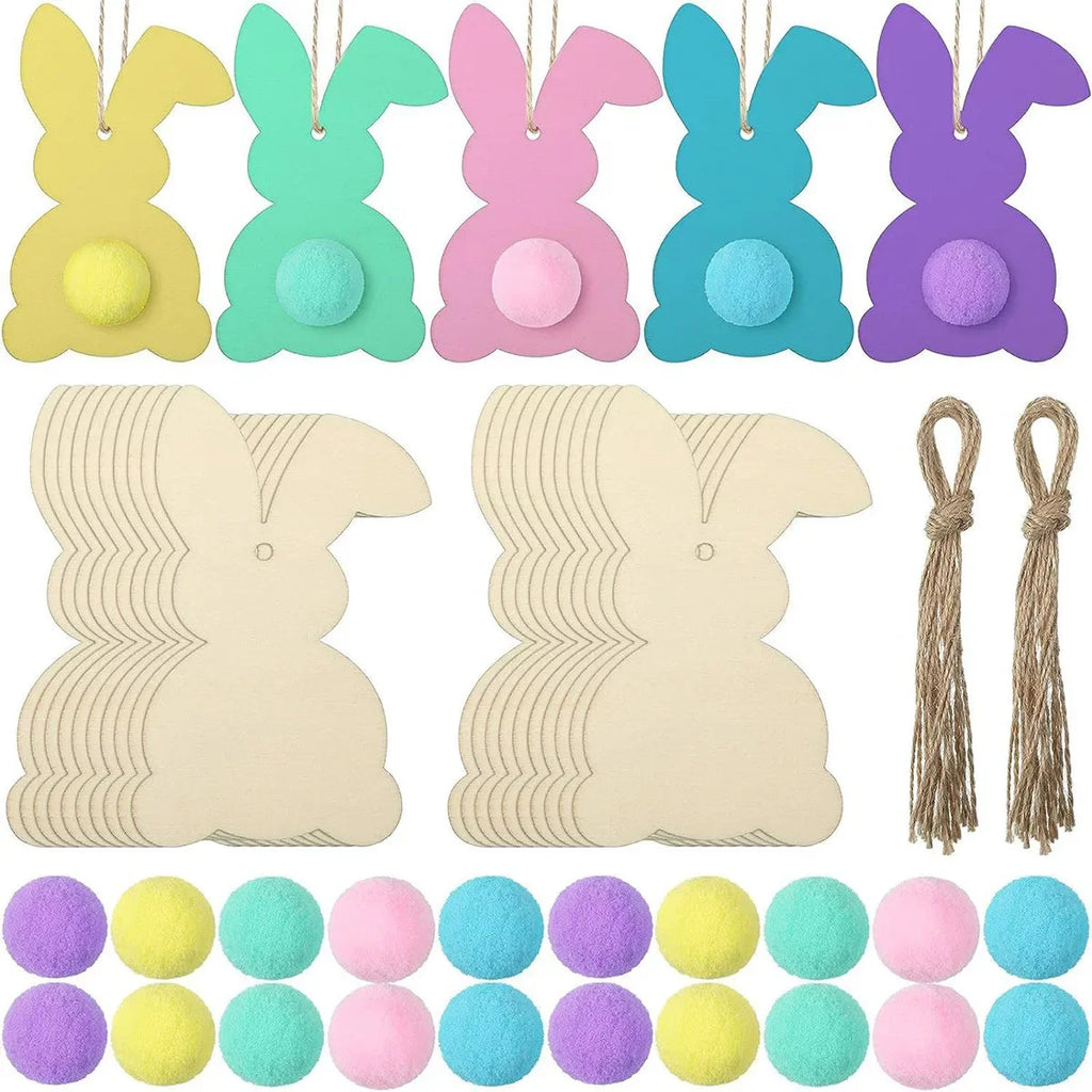 10pcs Diy Colourable Rabbit Hollowed-out Coloured Felt Ball Hanging Cut Craft Label Wooden Easter Ornament Pendant