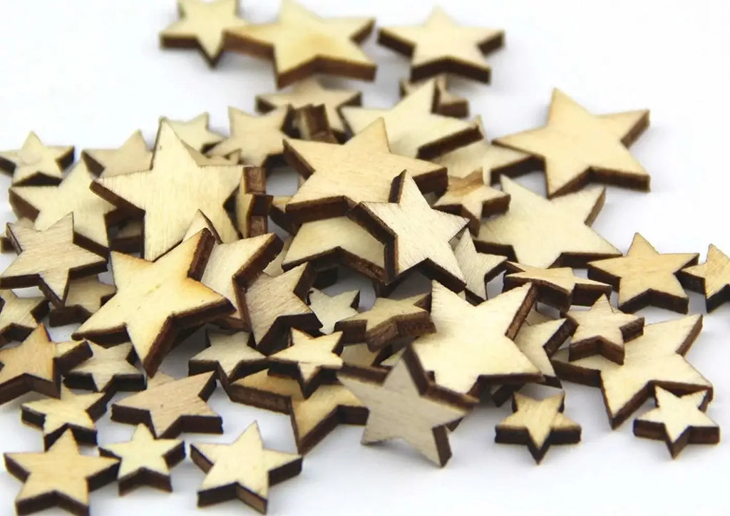 100PCS Mixed Size Wood Star Mixed Size Natural Unfinished Wooden Star Cutouts Blank Wooden Crafts Pieces DIY