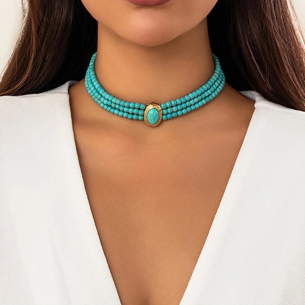 Lacteo Simple Natural Stone Beads Necklace Multilayer Imitation Pearl Choker for Women Short Strand Neck Chain Collar Jewelry