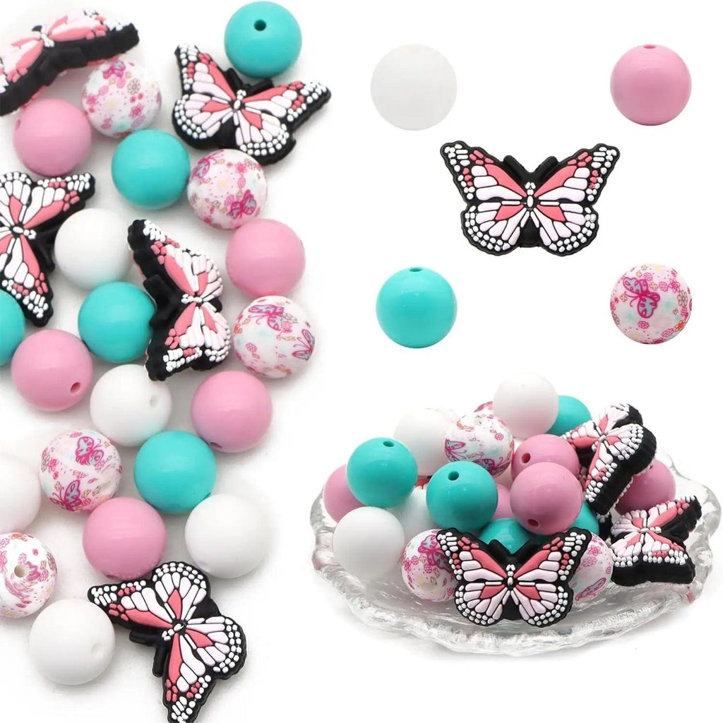 25pcs/set DIY silicone beads combination butterfly set beads pink butterfly silicone decorative beads 15mm silicone bead combination for DIY pen necklace bracelet key chain mobile phone chain pendant jewelry accessories