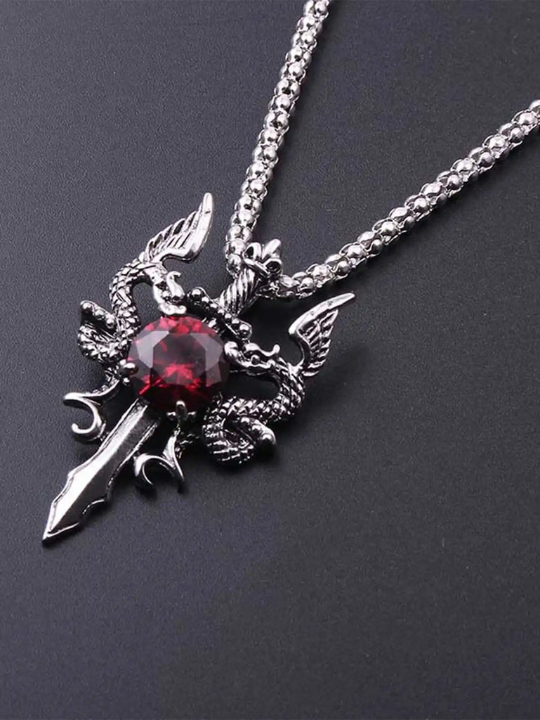 1 Gothic Style Women's Ancient Silver-color Evil Dragon Gem Pendant Necklace Personalized Fashion Street Sweater Chain Jewelry