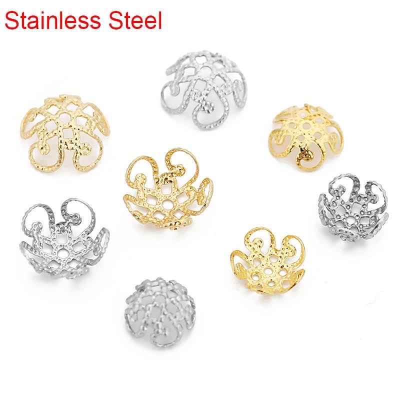 50pcs Stainless Steel Flower Beads End Caps 8mm 10mm Metal Gold Color Spacer Beads for Earring Necklace Jewelry Making Findings