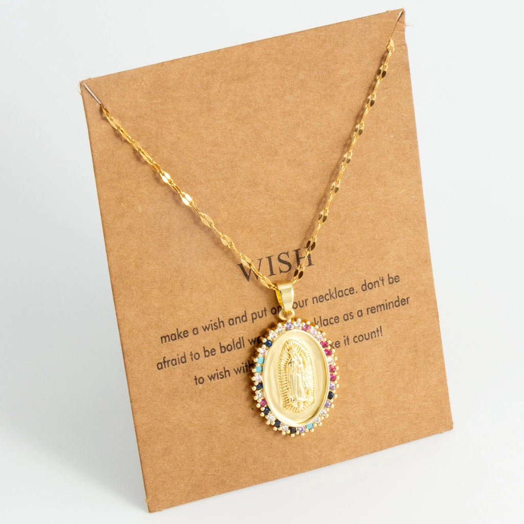 Oval round plaque inlaid with zircon religious pendant for women's party stainless steel Virgin Mary jewelry gift necklace