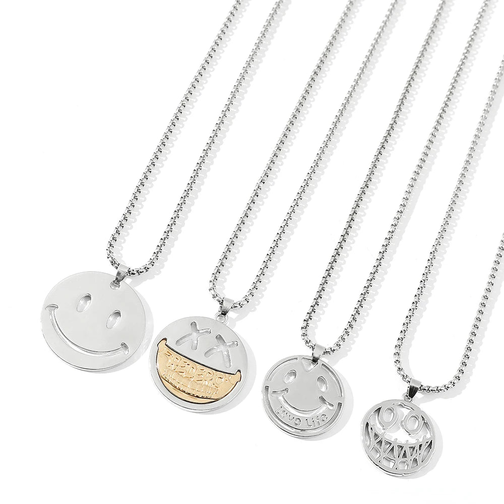 Titanium Steel Round Smiley Face Pendant Necklace Korean Style Long Sweater Chain Unisex Trendy Hip Hop Jewelry Accessories