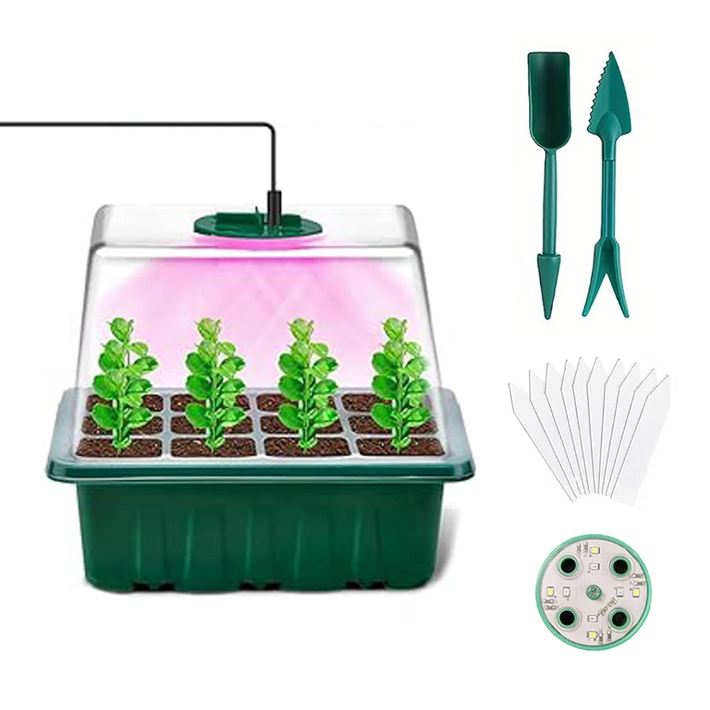 Seed starter tray with grow lights, 1 seed germination kit with adjustable humidity dome, seedling starter tray with raised lid.