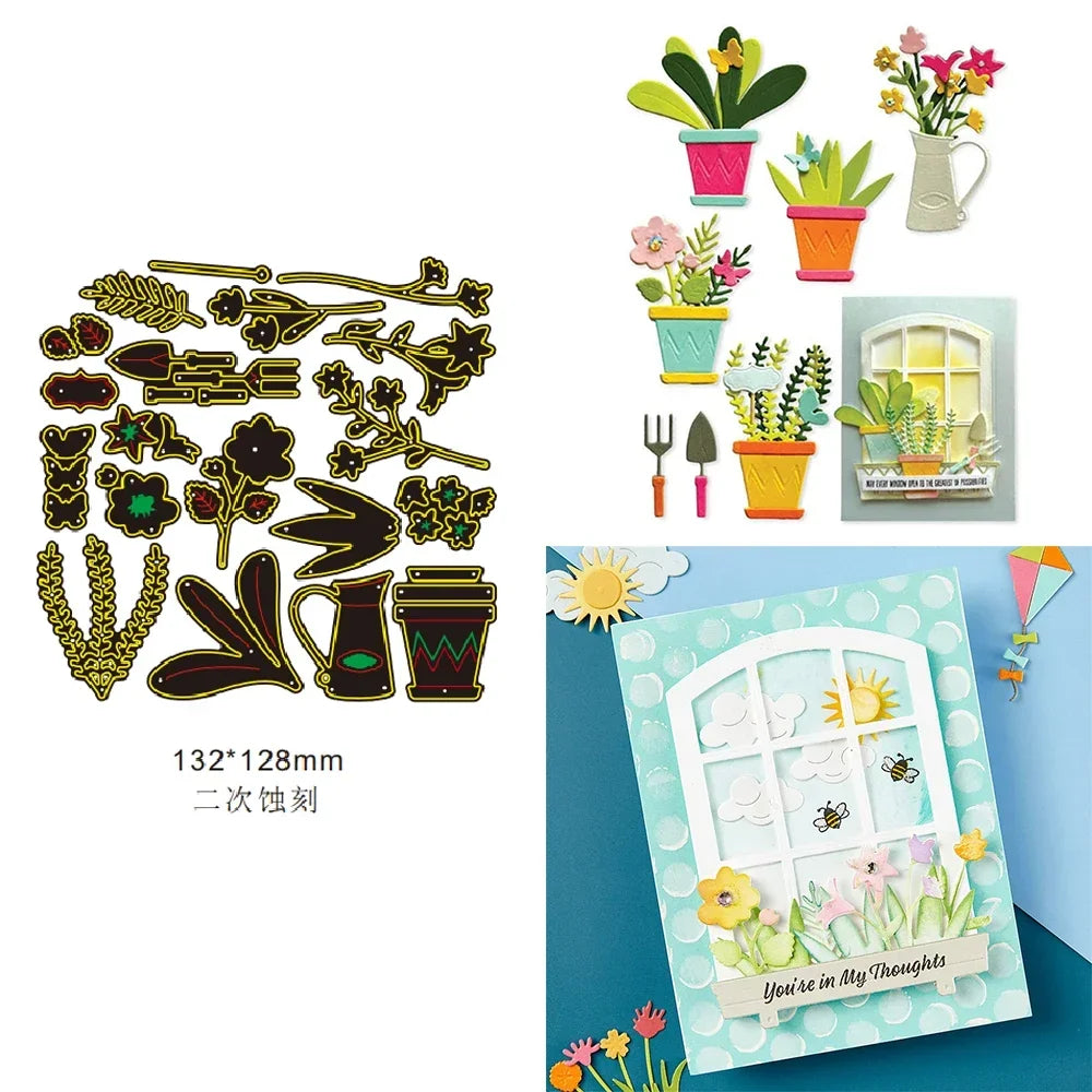 Metal Cutting Dies Window Fence Frame Potted Plant Tree Sun Moon Cloud Die for DIY Scrapbooking Album Decorative Paper Craft