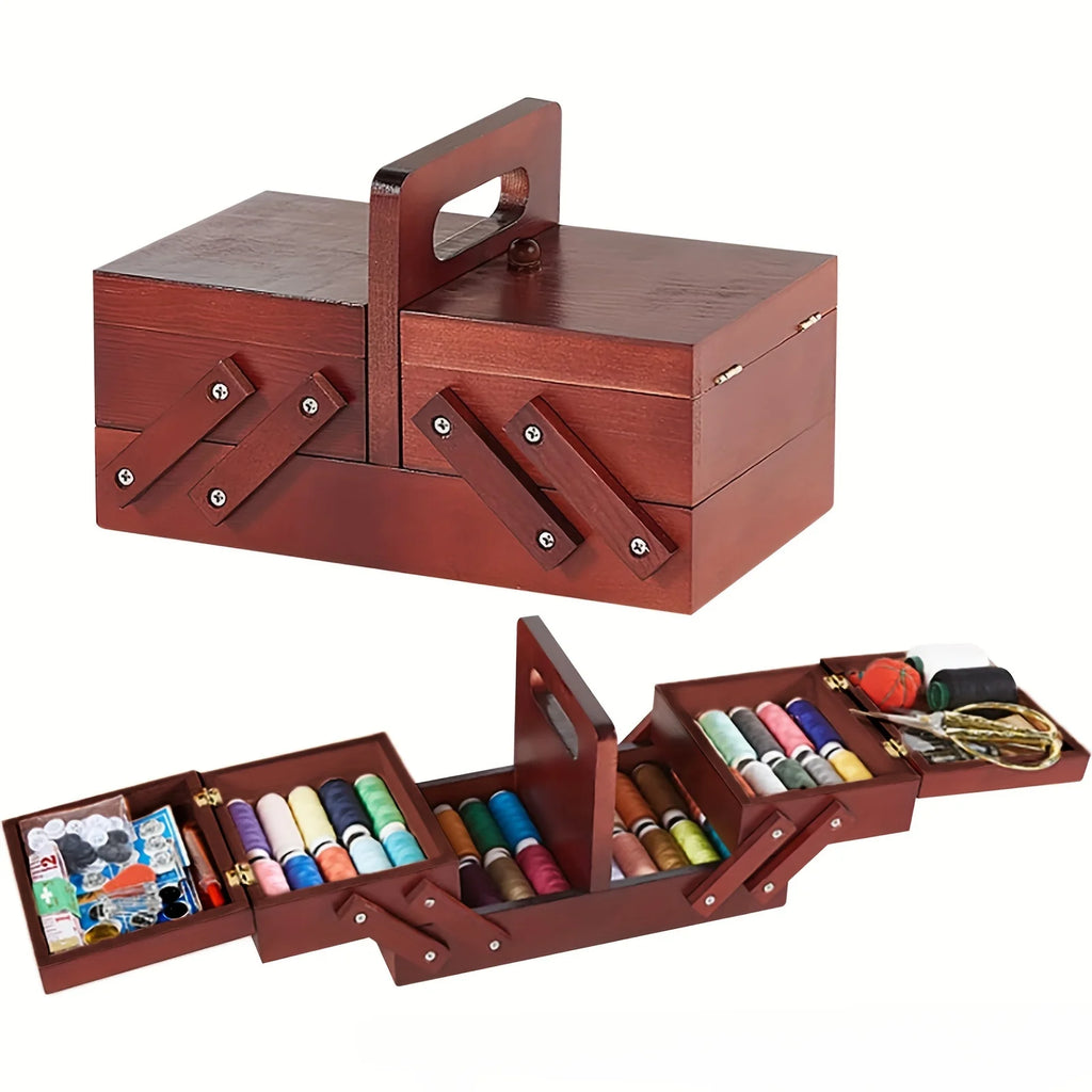 1pcs Wooden Expandable Sewing Box Sewing Kit Storage Box with Handle, Embroidery Kit Wooden Sewing Basket