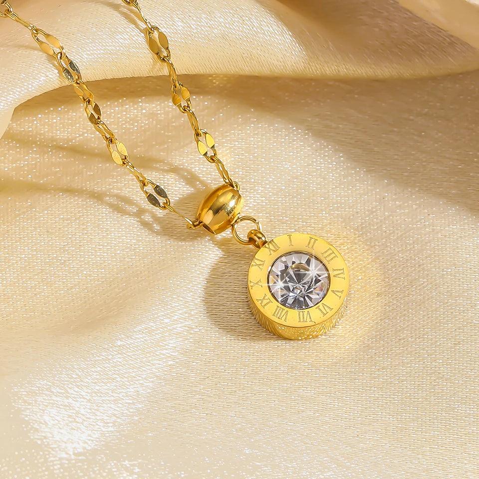 ZAKOL Roman Numerals Disc Dial Plate Pendant Necklaces For Women Men Unisex Gold Color Metal Choker Clavicle Chain Jewelry Gifts