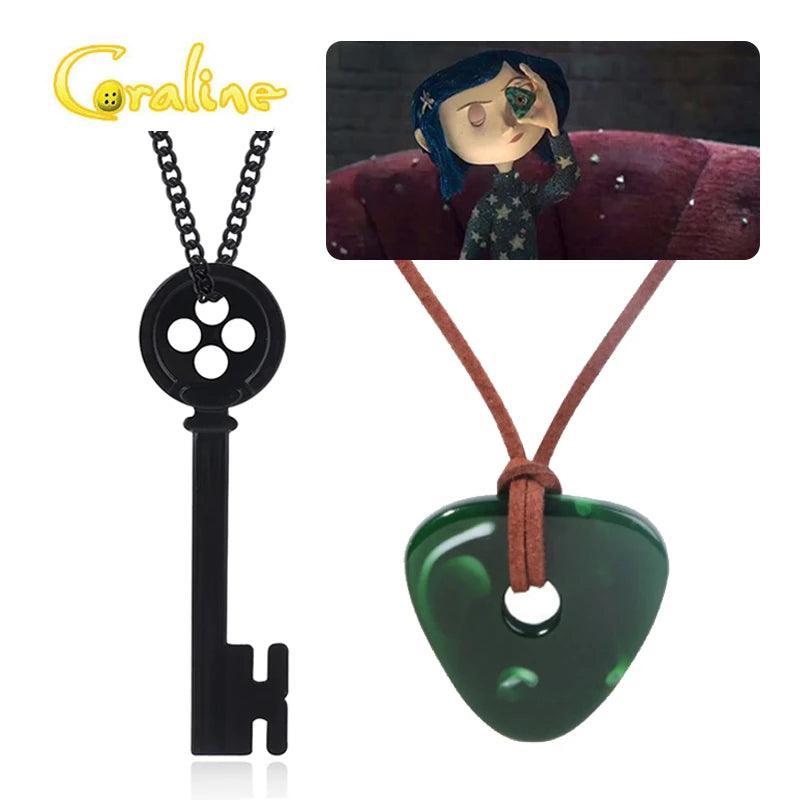 Movie Coraline Seeing Stone Pendant Necklace Green Stone Key Pendant Necklace Laika Dragonfly HairPin Cosplay Costume Jewelry