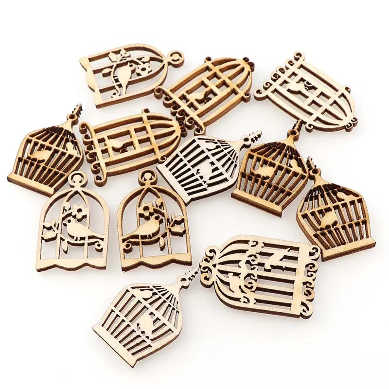 50Pcs DIY Wooden birdcage pendant  Embellishments Crafts Scrapbooking Supplies Hand-made Graffiti Buttons