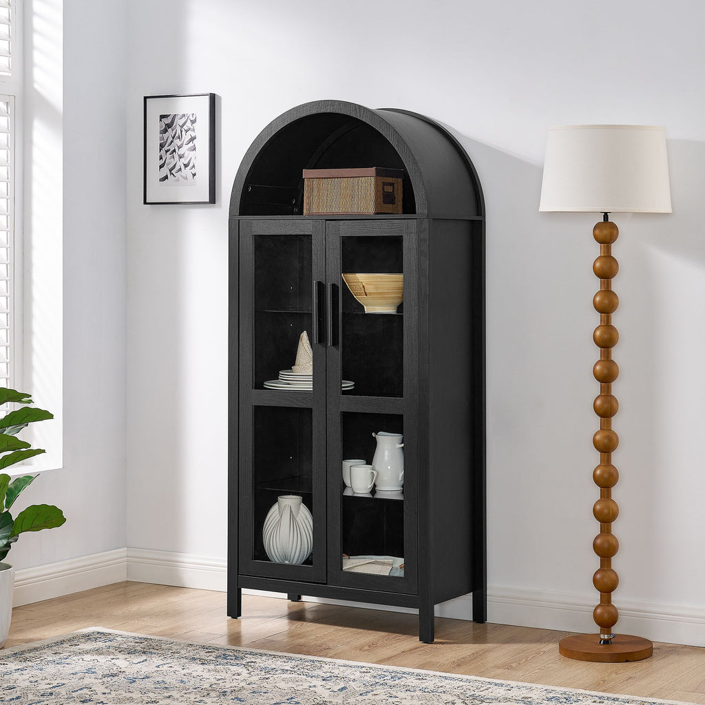 A high arched storage cabinet with a lamp, a modern retro-style wooden storage cabinet with adjustable glass partitions, suitable for use as a multi-functional cabinet in kitchens-Black