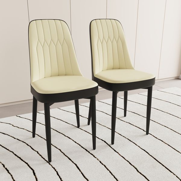 A set of 2 dining chair, modern style chair made of high-quality PU Leather fabric with thick soft cushions, black metal leg kitchen chair, dining room kitchen dining chair (Beige and Black)