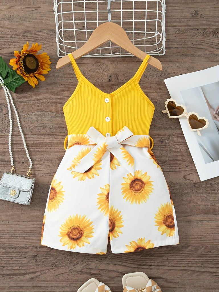 Sunflower Cami Jumpsuit with Bow Belt for Girls - Perfect for Summer Parties