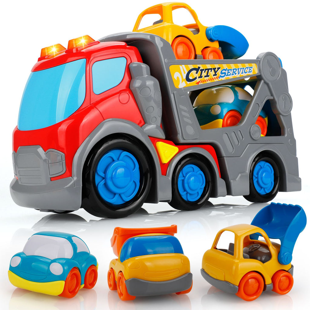 (ABC)(Prohibited Product on Amazon)Car Toys for Toddler 2 3 4 5 Years Old, 11 inch Sound and Light Big Transport Carrier Trailer, Kids Assorted Construction Vehicles, Bulldozer, Dump Truck, Boy Girl B