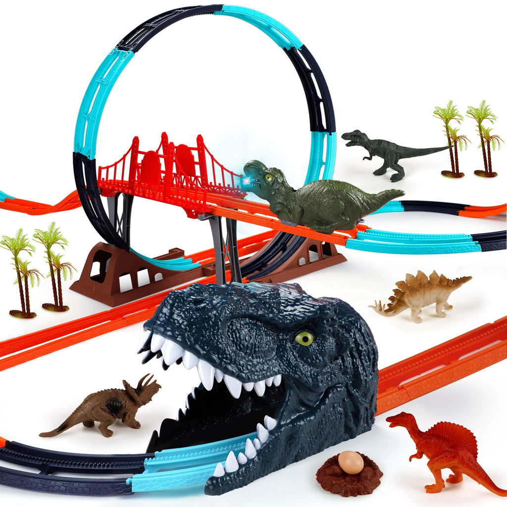 (ABC)(Prohibited Product on Amazon)Dinosaur Toys Race Track for Boys with 1 Rechargeable Dinosaur Car, 4 Dinosaur Figures, Flexible Track Playset Toy with Light and Sound, Create A Dinosaur World for