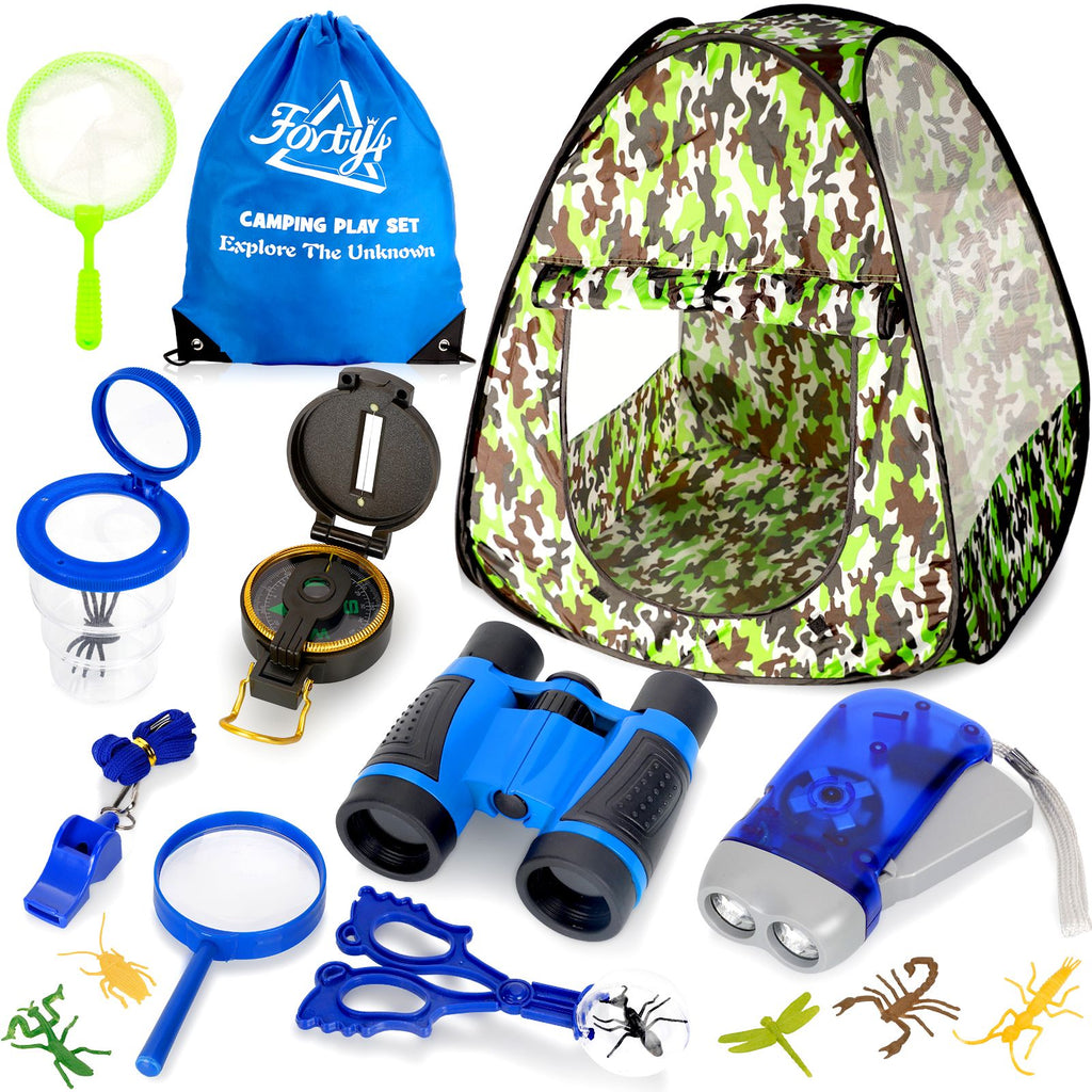 (ABC)(Prohibited Product on Amazon)Kids Camping Tent Set,15PCS Bug Catching Kit with Camouflage Military Pop Up Play Tent ,Camping Toys Kids Explorer Kit, Nature Exploration Toys Butterfly Nets for Ki