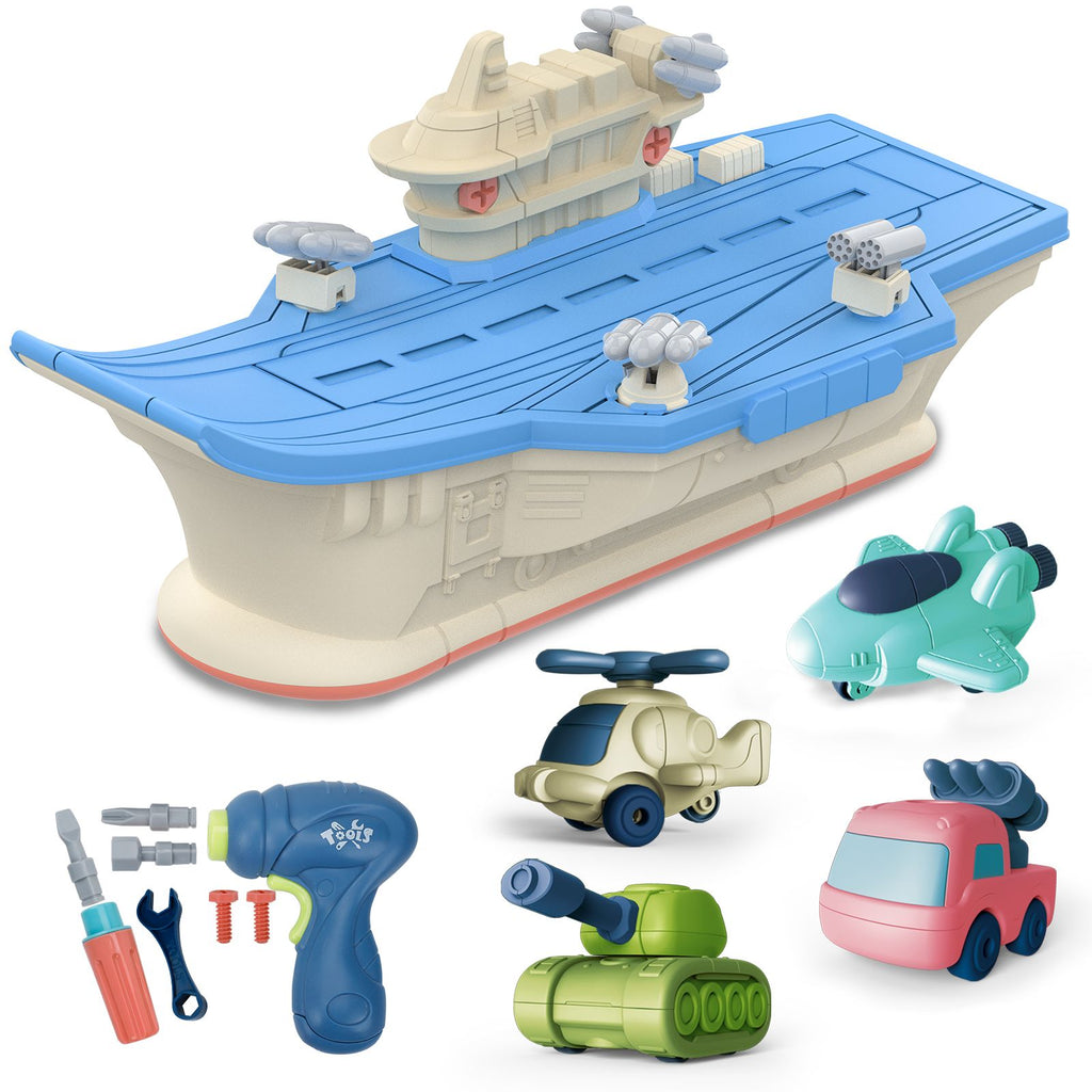 (ABC)(Prohibited Product on Amazon)Take Apart Toys with Electric Drill for 2 3 4 5 Year Old Toddlers Boys Girls Kids, Aircraft Carrier, Helicopter Tank Airplane Vehicles, Educational Tools Toy for Chr