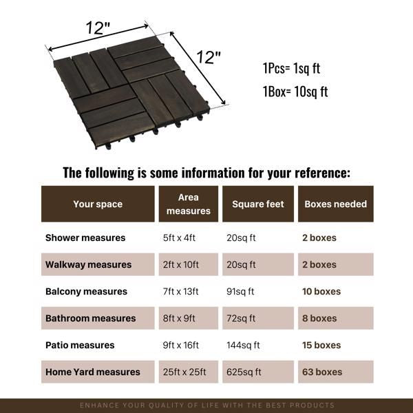 Acacia Wood Interlocking Deck Tiles Checker Pattern, 10PCS 12" x 12" Square Dark Brown Acacia Hardwood Outdoor Flooring for Patio, Bancony, Pool Side