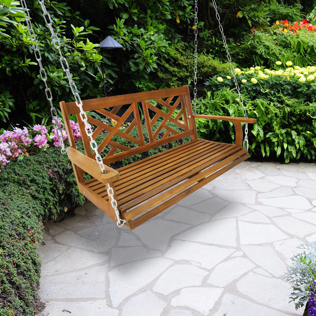 Acacia Wood Patio Porch Swing for Courtyard & Garden, Heavy Duty Swing Chair Bench with Hanging Chains for Outdoors (4FT, Natural) WITHOUT FRAME